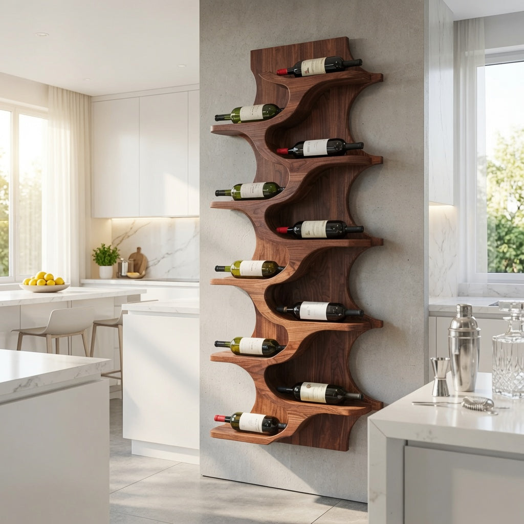 Handgemaakt massief houten wijnrek in een moderne keuken