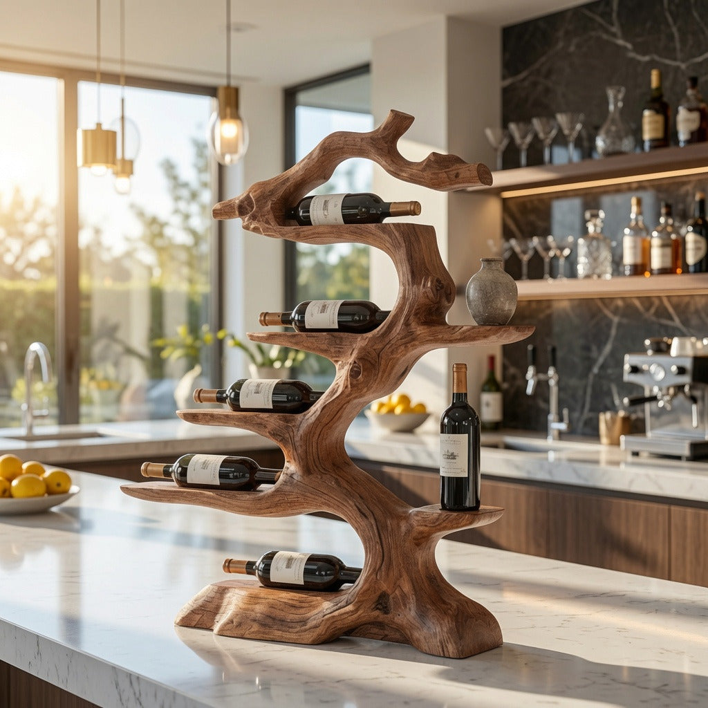 Natuurlijk hardhouten wijnrek met flessen in een moderne thuisbar