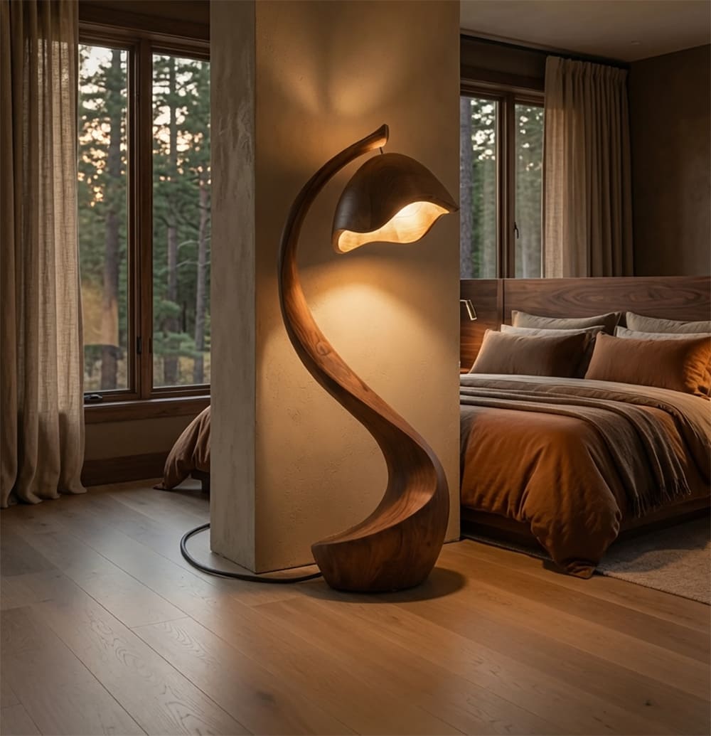Rustieke houten vloerlamp met opvallend design van eersteklas massief hout