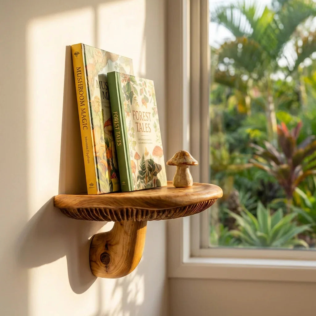 Sculpturale massief houten paddenstoel zwevende wandplank met lamellen