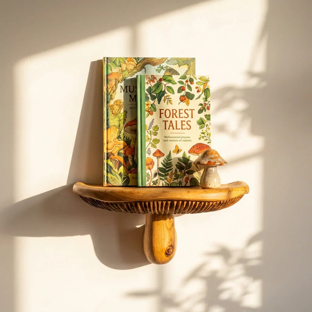 Sculpturale massief houten paddenstoel zwevende wandplank met lamellen