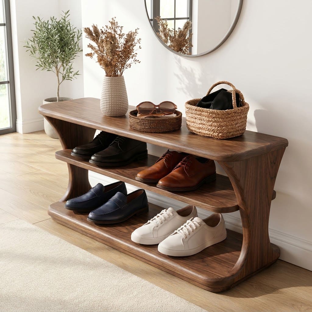 Sculpturale schoenenbank met 3 niveaus van massief hout met gebogen design