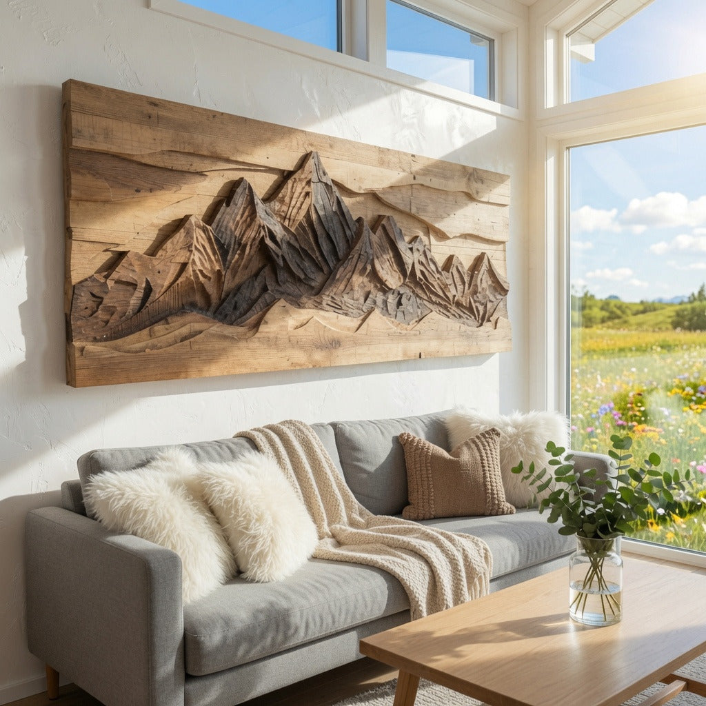 Handgesneden Berglandschap Wandkunst - Massief Hout