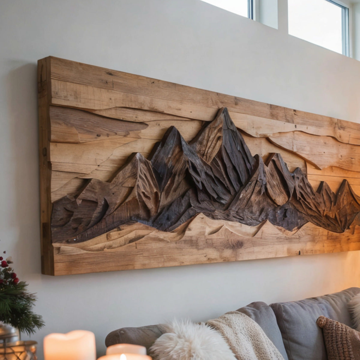 Handgesneden Berglandschap Wandkunst - Massief Hout