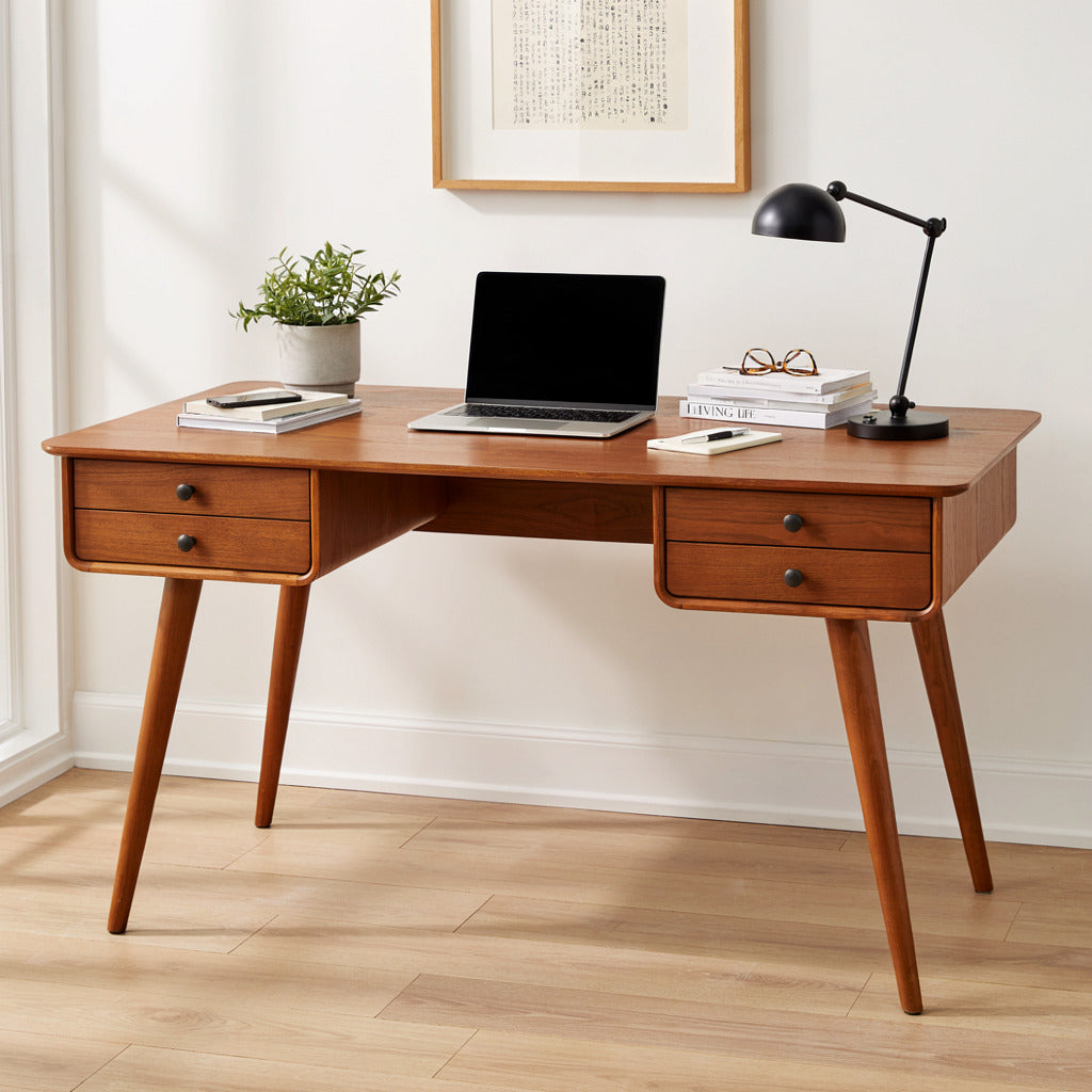 Sculpturaal Massief Houten Bureau - 4 Laden Thuiskantoor