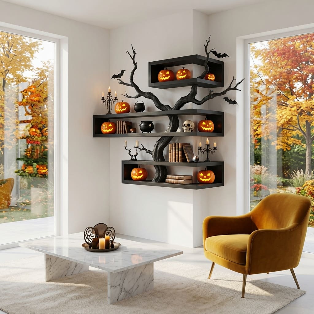 Sculpturale donkere boomtak massief houten hoekplank in een moderne woonkamer