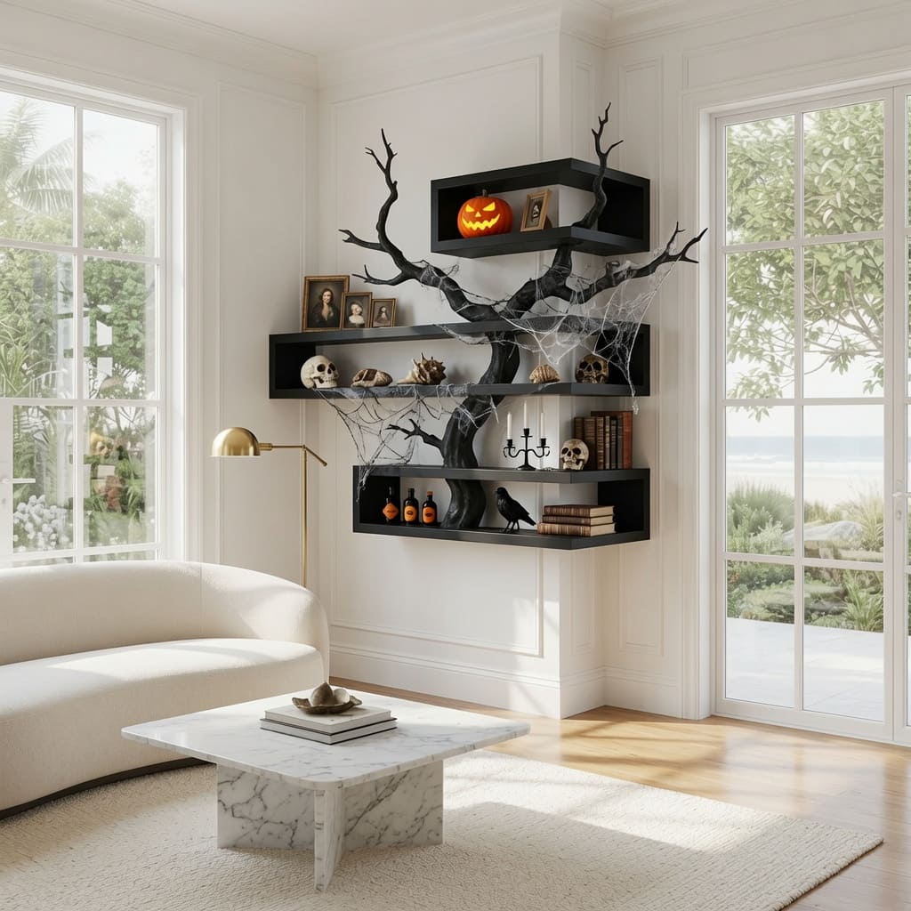 Sculpturale donkere boomtak massief houten hoekplank in een moderne woonkamer