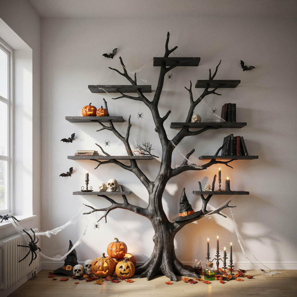 Sculpturale donkere boomtak wandplank van massief hout