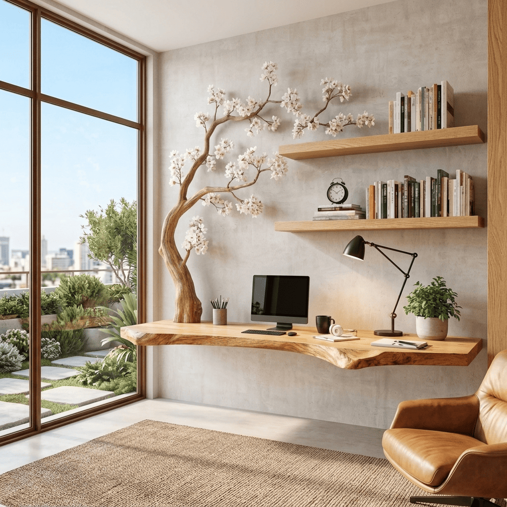 Zwevend massief houten boomrand bureau in een modern thuiskantoor