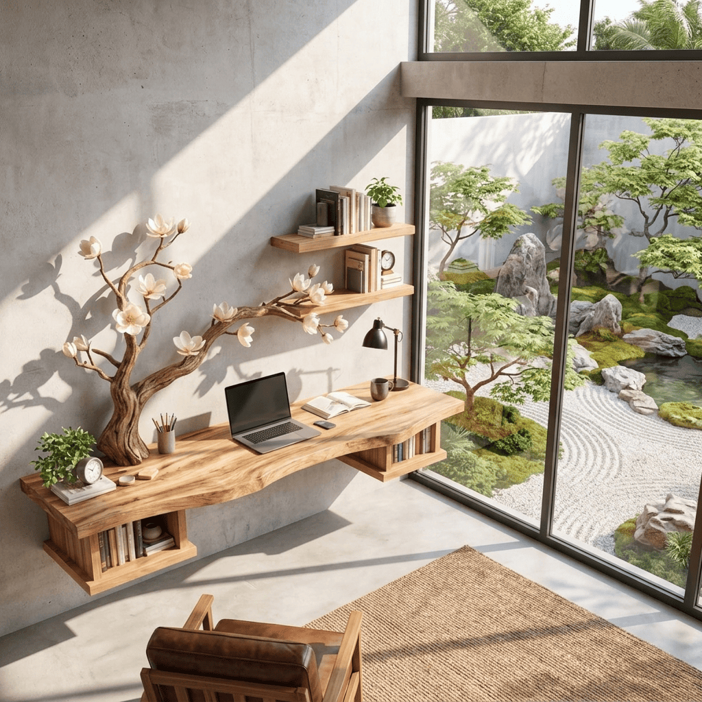 Sculpturaal massief houten bloesemboom bureau in eigentijds kantoor