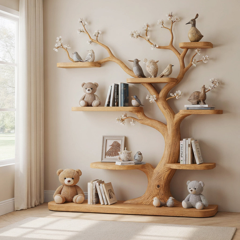 Sculpturaal kinderboekenrek van massief hout met bloesemboomontwerp