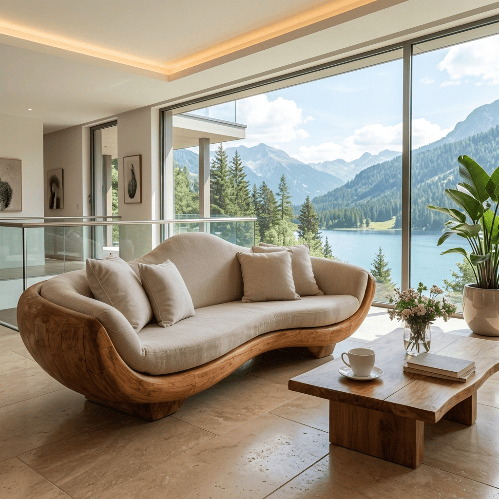 Sculpturaal gebogen bankframe van massief hout met handgesneden design
