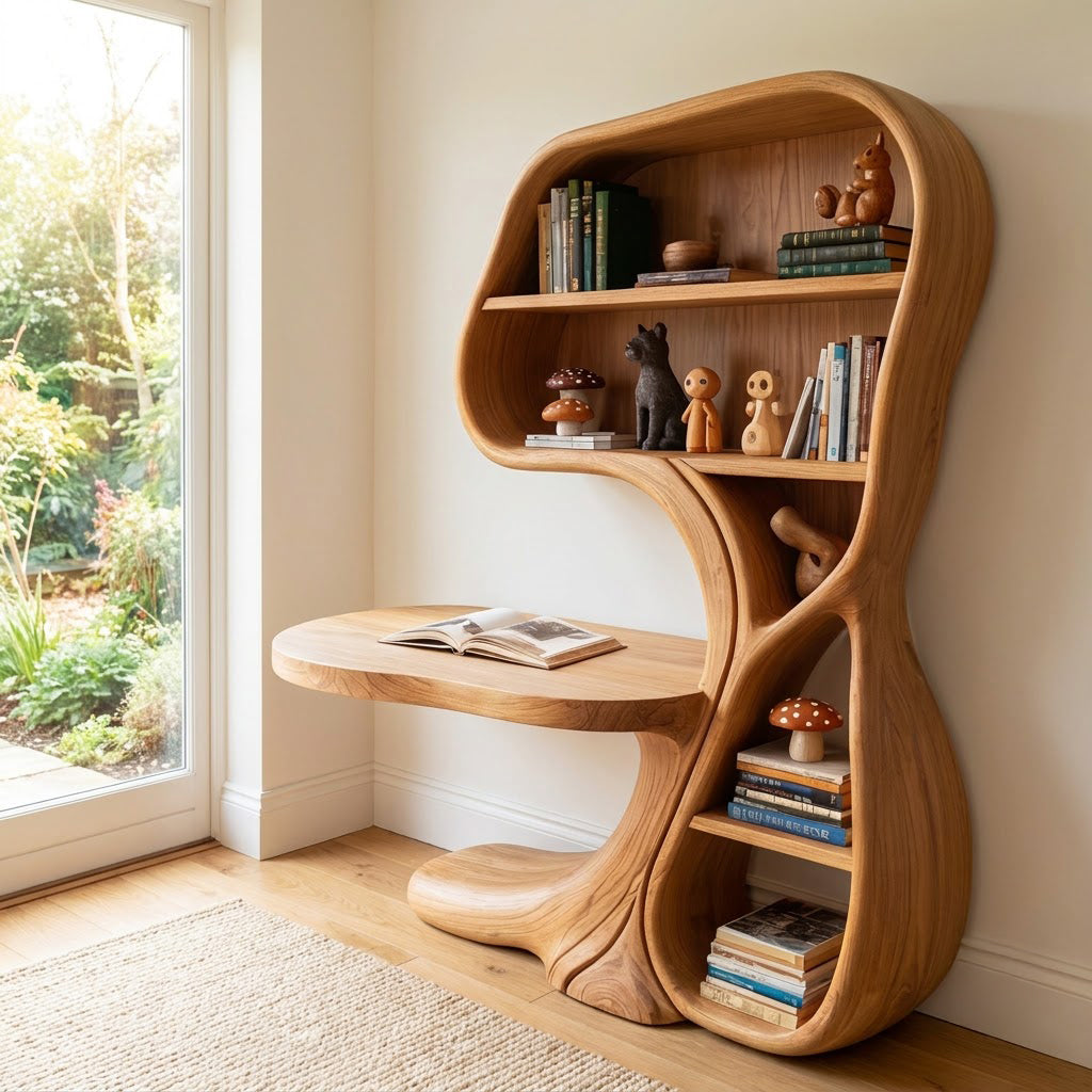 Handgesneden boekenkast bureau combinatie van massief hout