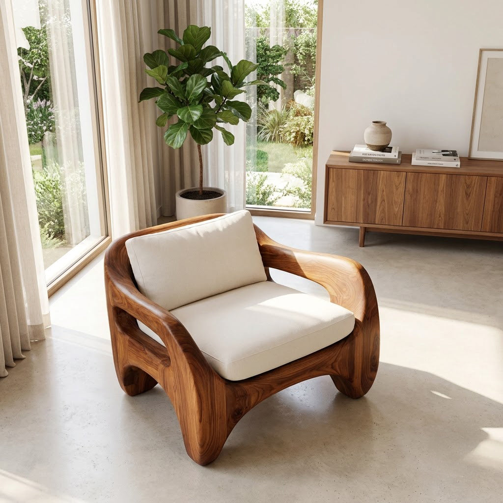Massief houten handgemaakte fauteuil in een knusse leeshoek