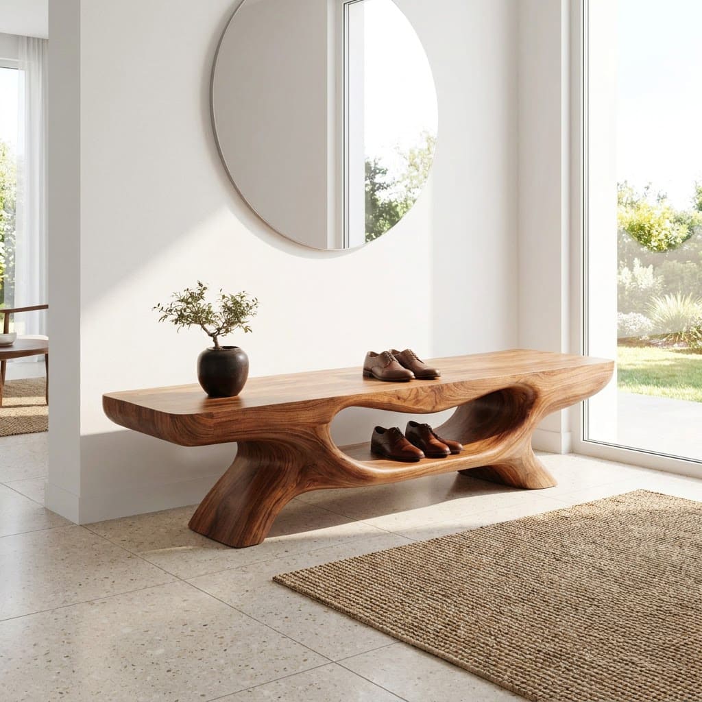 Sculpturale handgesneden halbank van massief hout met organische details