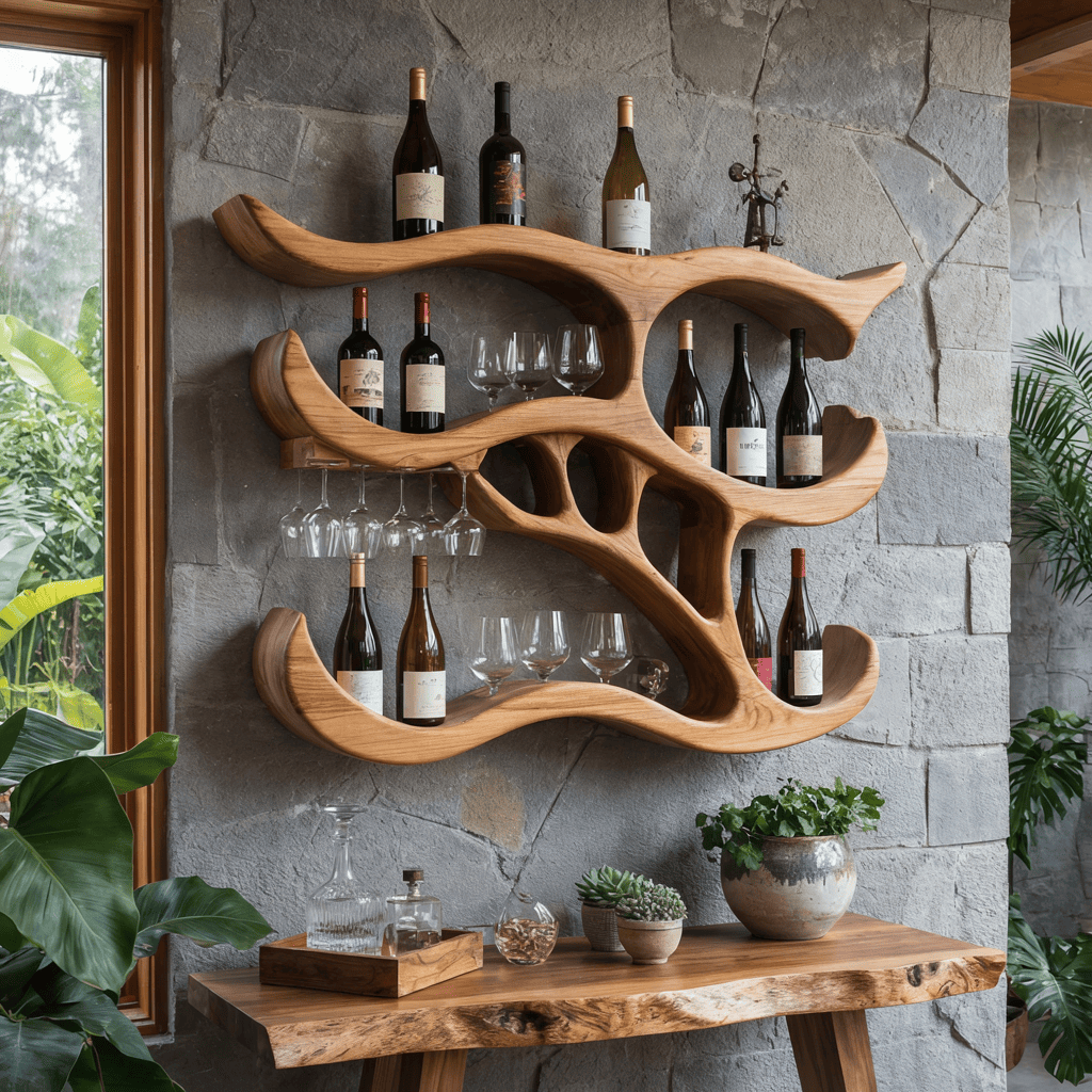 Sculpturaal organisch wandwijnrek van massief hout met handgesneden design
