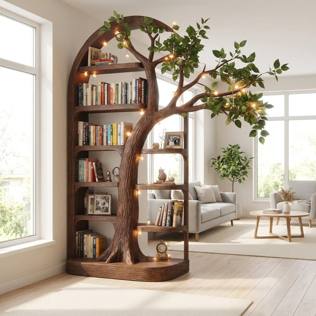 Massief houten gewelfde boomboekenkast in moderne woonkamer