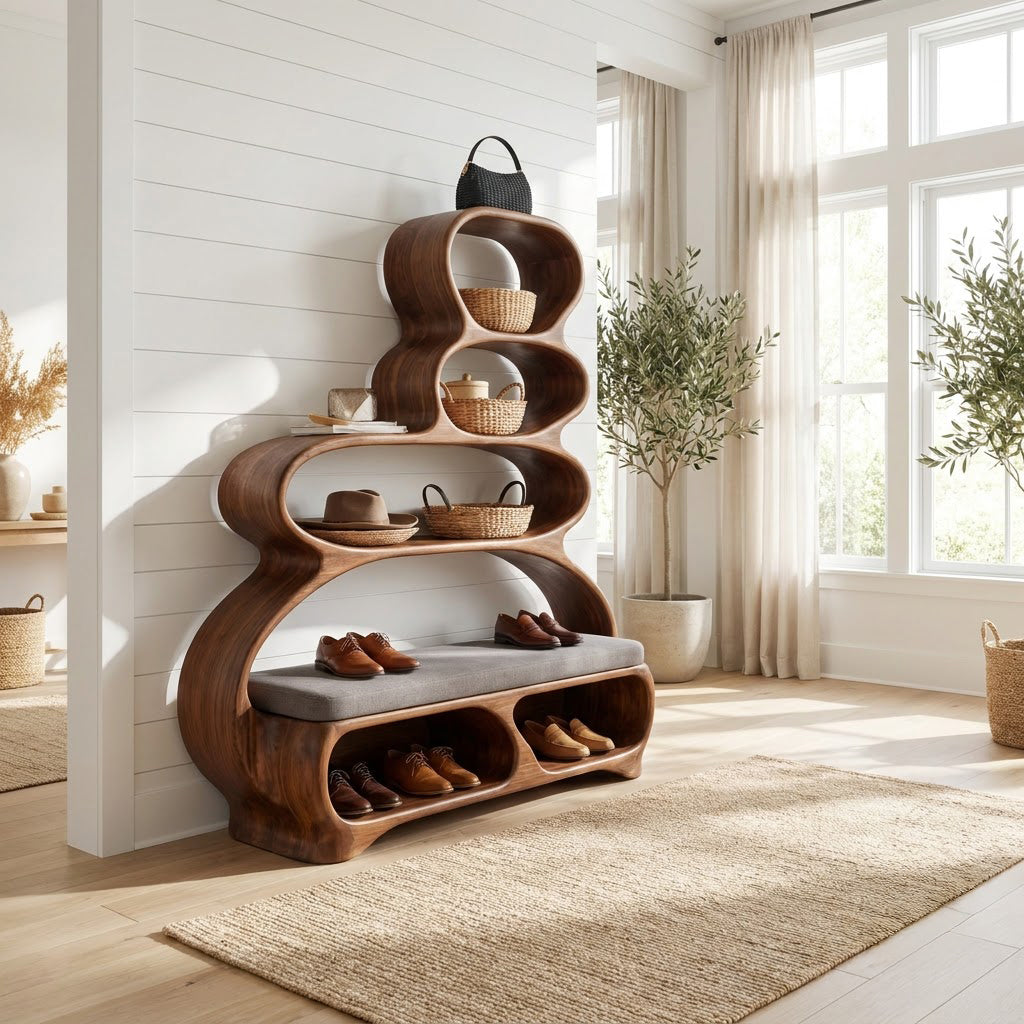 Sculpturale entreebank van massief hout