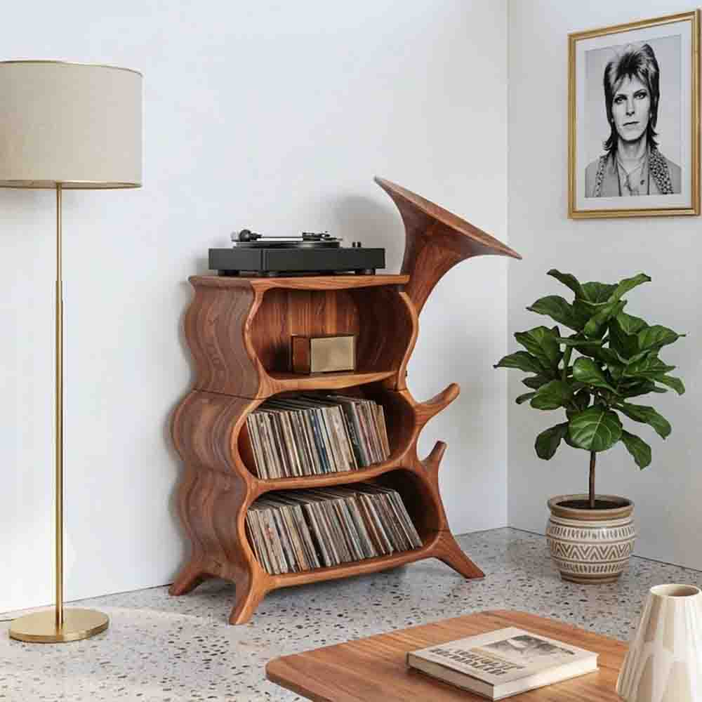 Sculpturale grammofoon platenspeler kast van massief hout