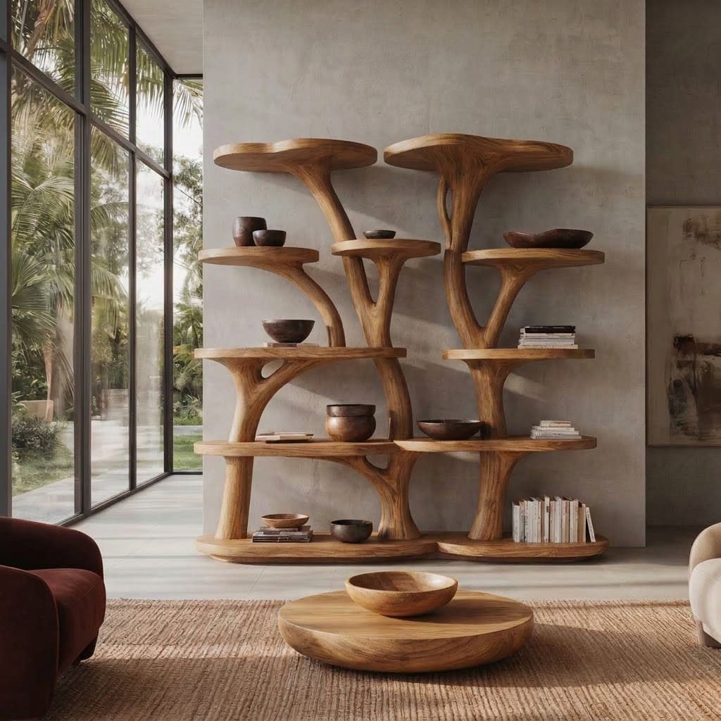 Handgesneden display boekenkast van massief hout met boomtakdetails