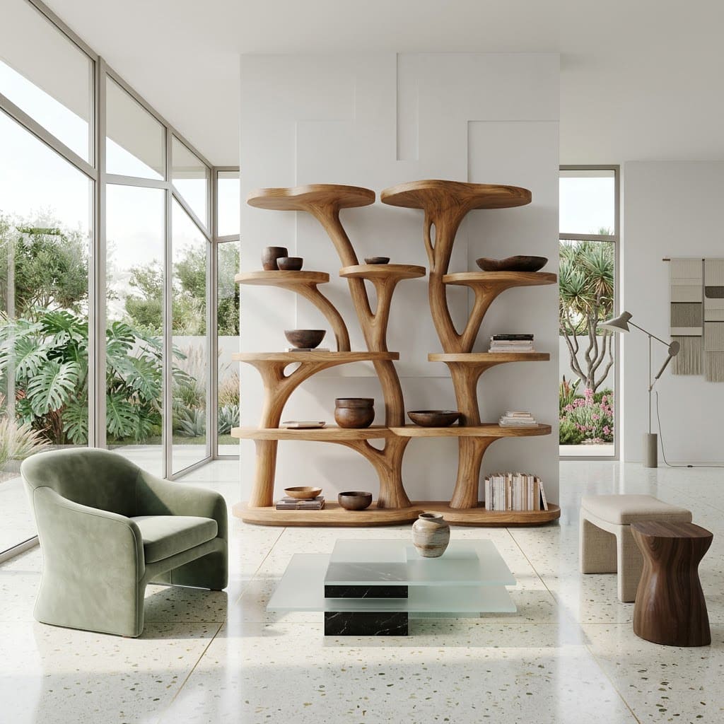 Sculpturale massief houten boekenkast met boomtakken voor de woonkamer