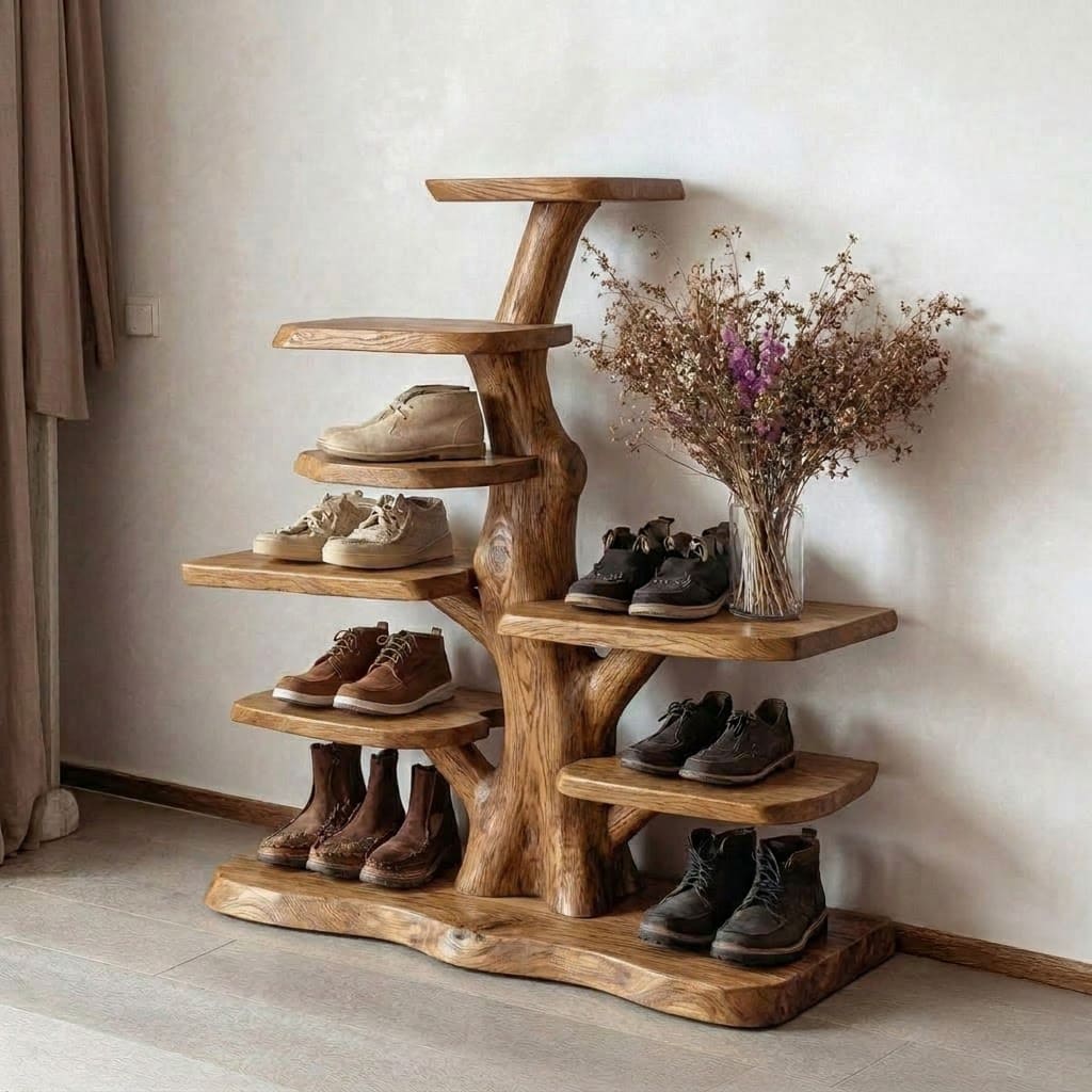 Sculpturaal houten boomtak schoenenrek van massief hout