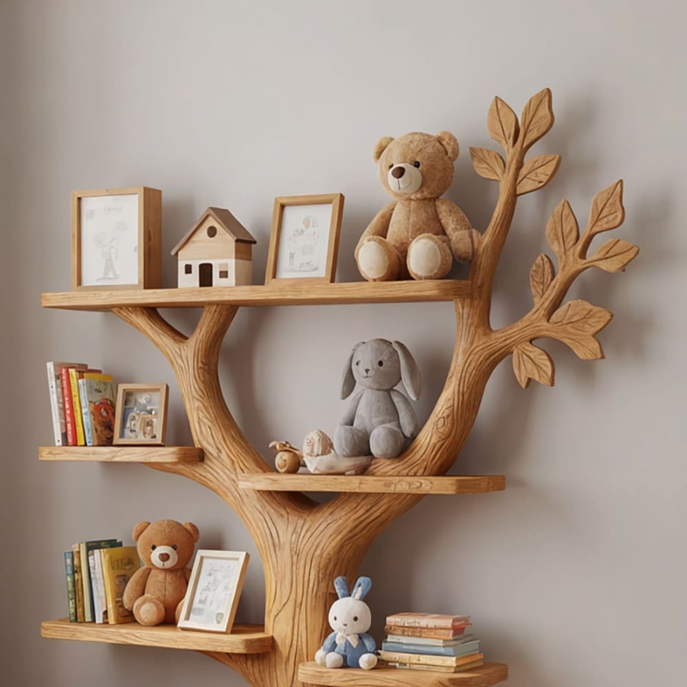 Handgesneden massief houten kinderboekenplank met boomtakdesign