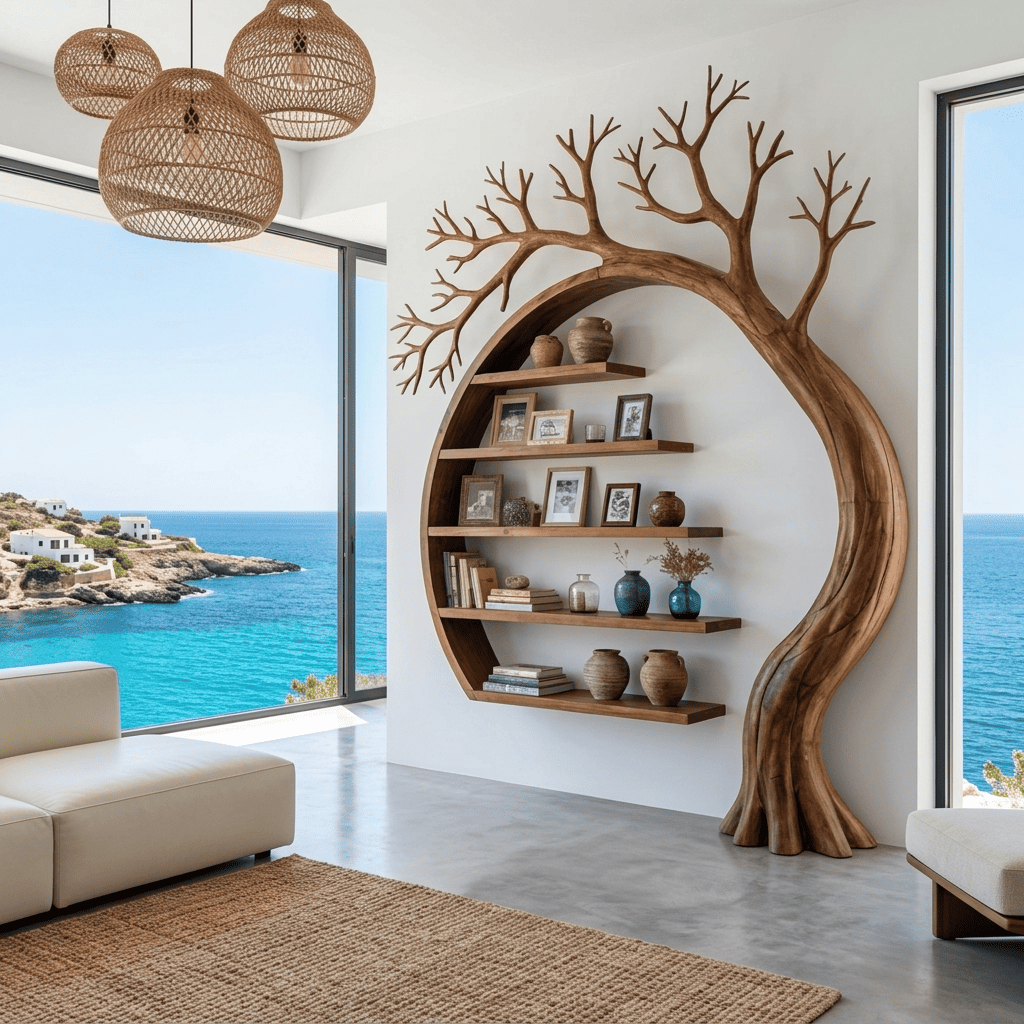 Sculpturale massief houten boom-maan boekenkast in moderne woonkamer