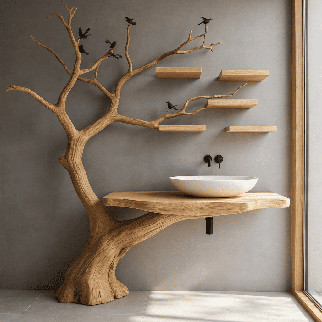 Sculpturaal boom badkamermeubel van massief hout met handgesneden design