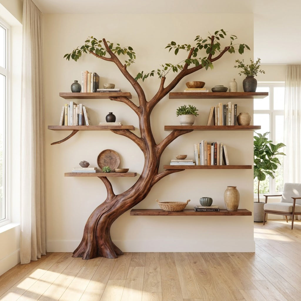 Massief houten boomwandrek in een moderne leeshoek
