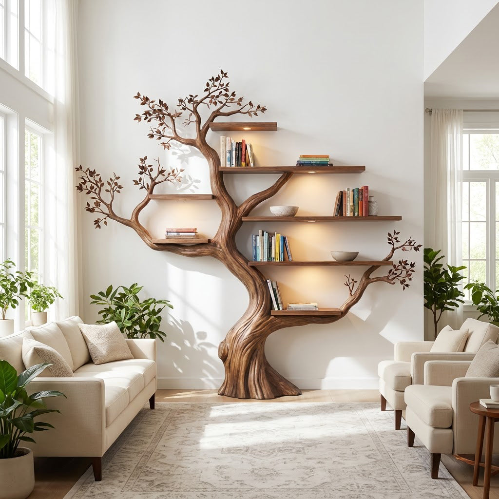 Handgesneden takken wanddisplay van massief hout