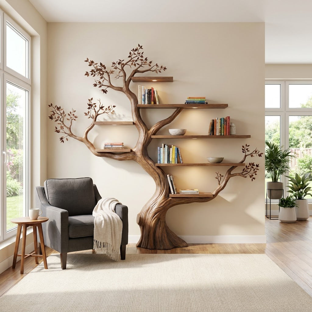 Massief houten boomwandrek in een moderne leeshoek