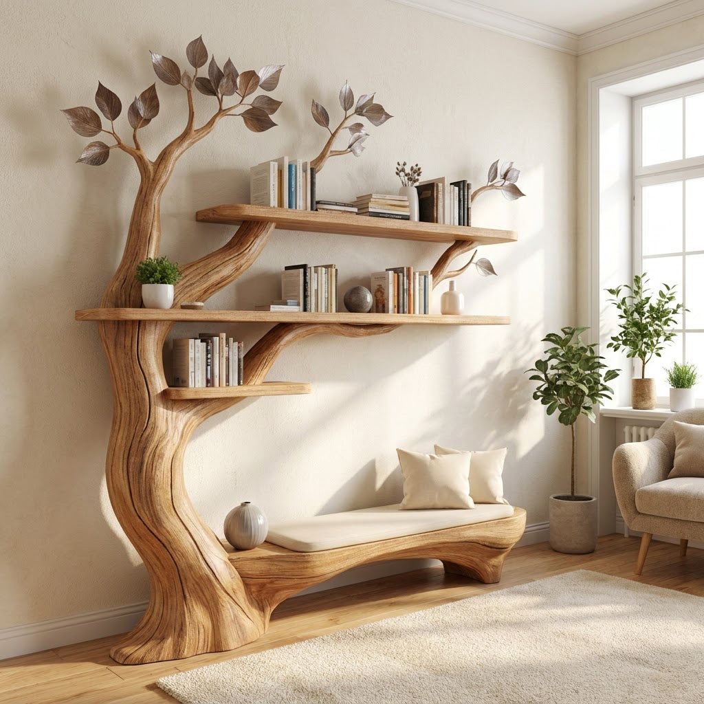 Handgesneden takken wanddisplay van massief hout