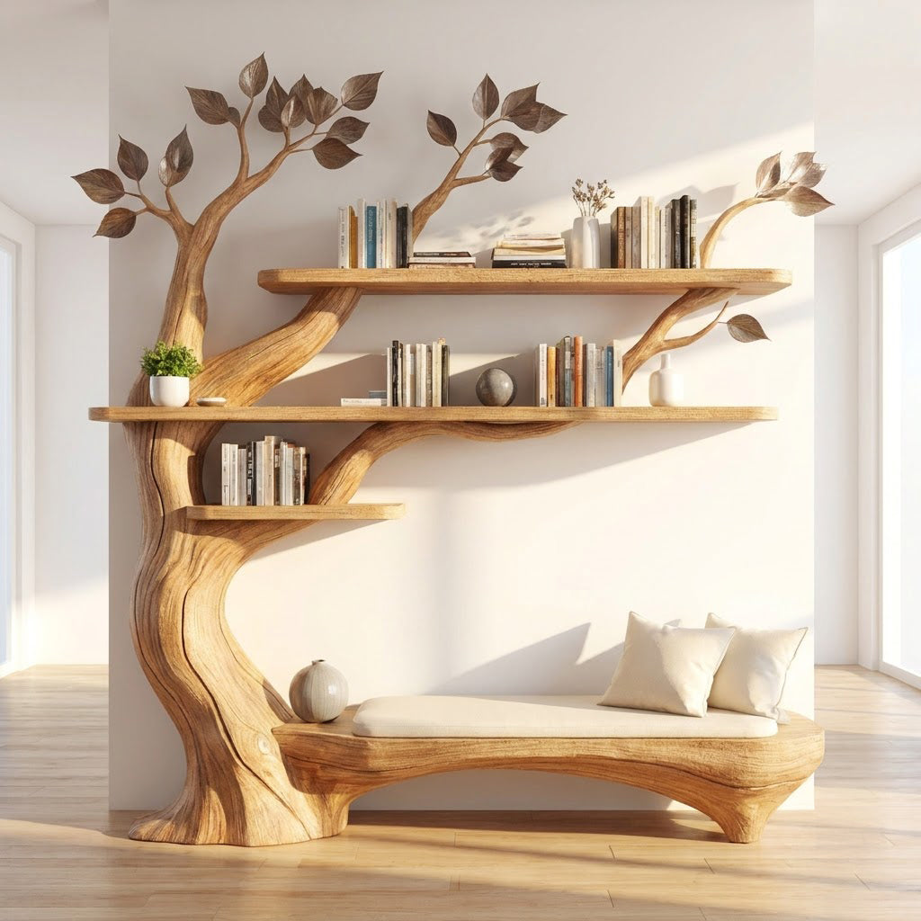 Massief houten boomboekenkast met lage leesbank in een moderne zithoek