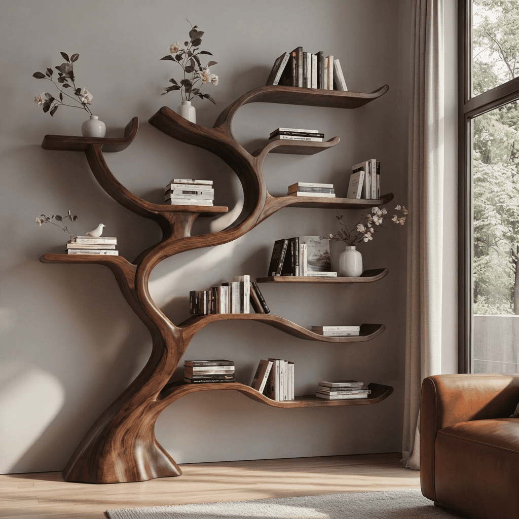 Sculpturale handgesneden boomboekenkast van massief hout