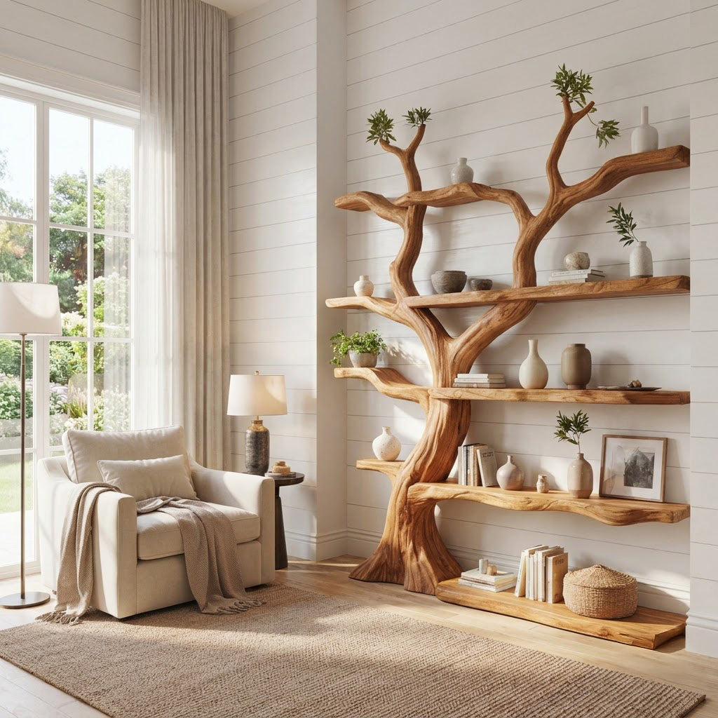 Handgesneden boomrand boekenkast van massief hout