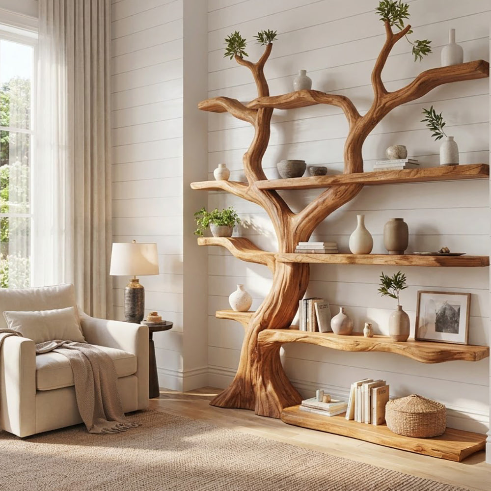 Boomrand Boom Wandboekenkast - Zwevende Schappen Massief Hout
