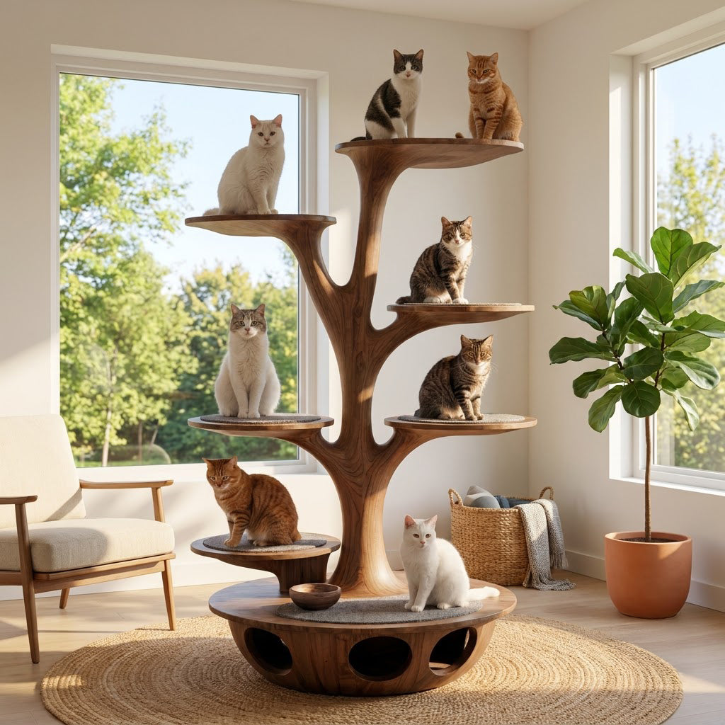 Handgesneden katten klimboom van massief hout