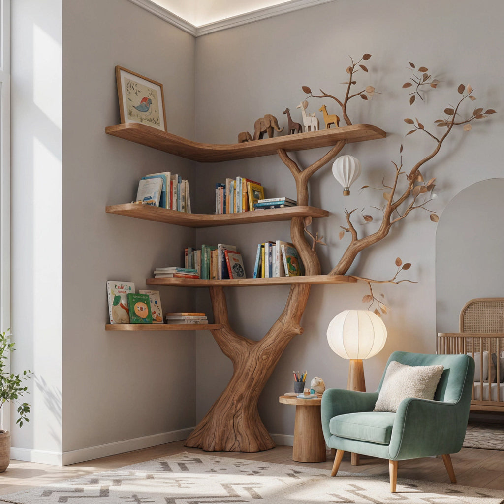 Organische hoekboekenkast vervaardigd uit massief hout