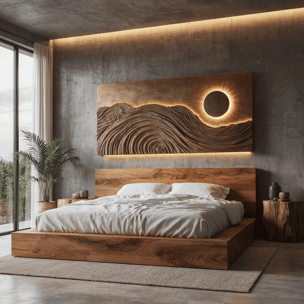 Sculpturaal golf wandpaneel van massief hout met LED-achtergrondverlichting
