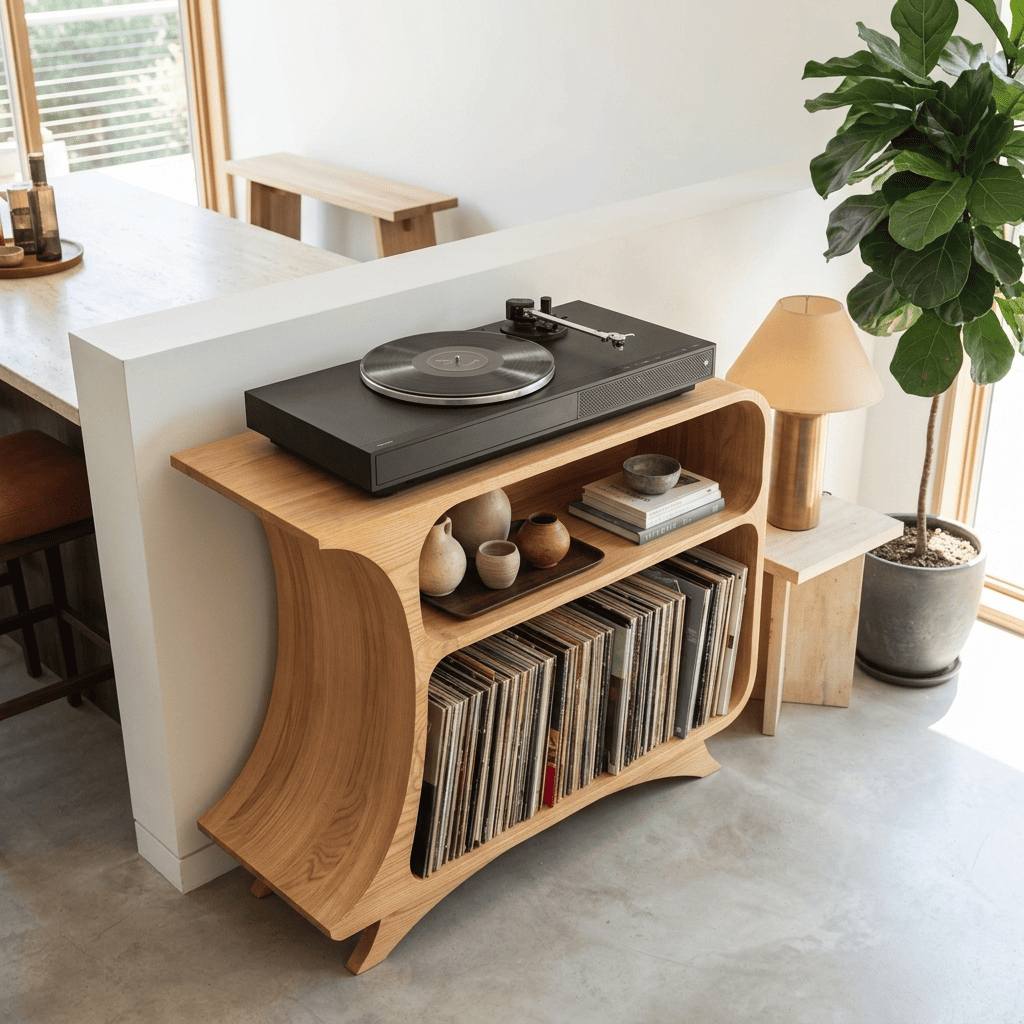 Massief houten gewelfd platenmeubel in een eigentijdse living