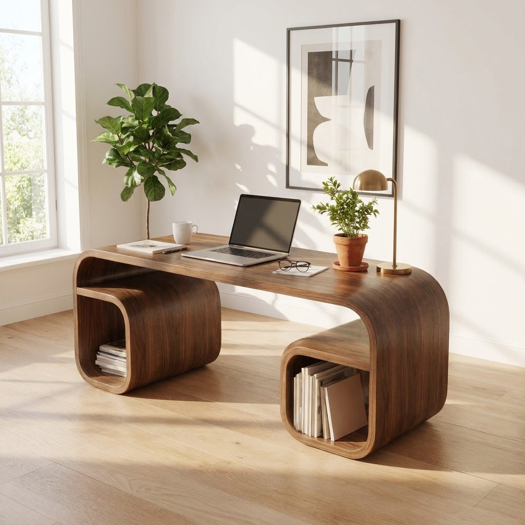 Massief houten gebogen brugbureau in een modern thuiskantoor