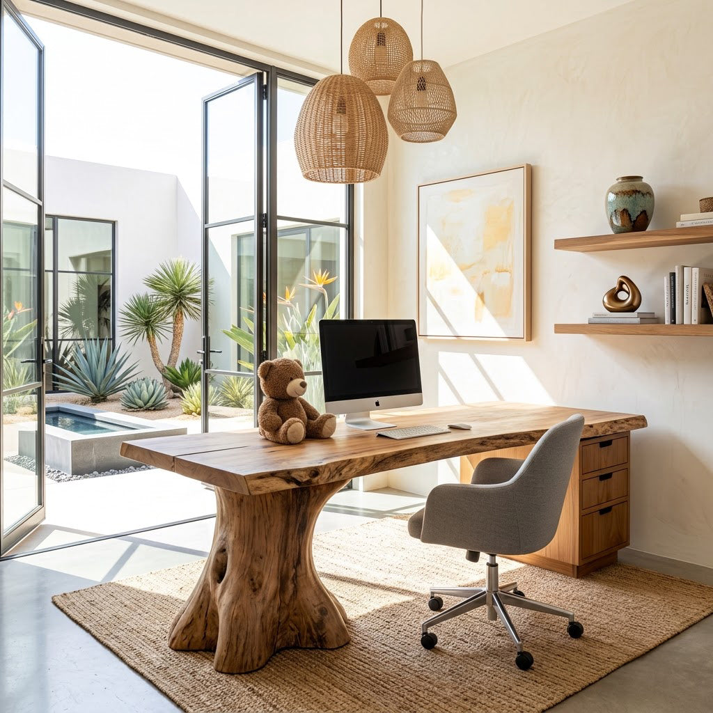 Artistiek massief houten bureau in een verfijnd thuiskantoor
