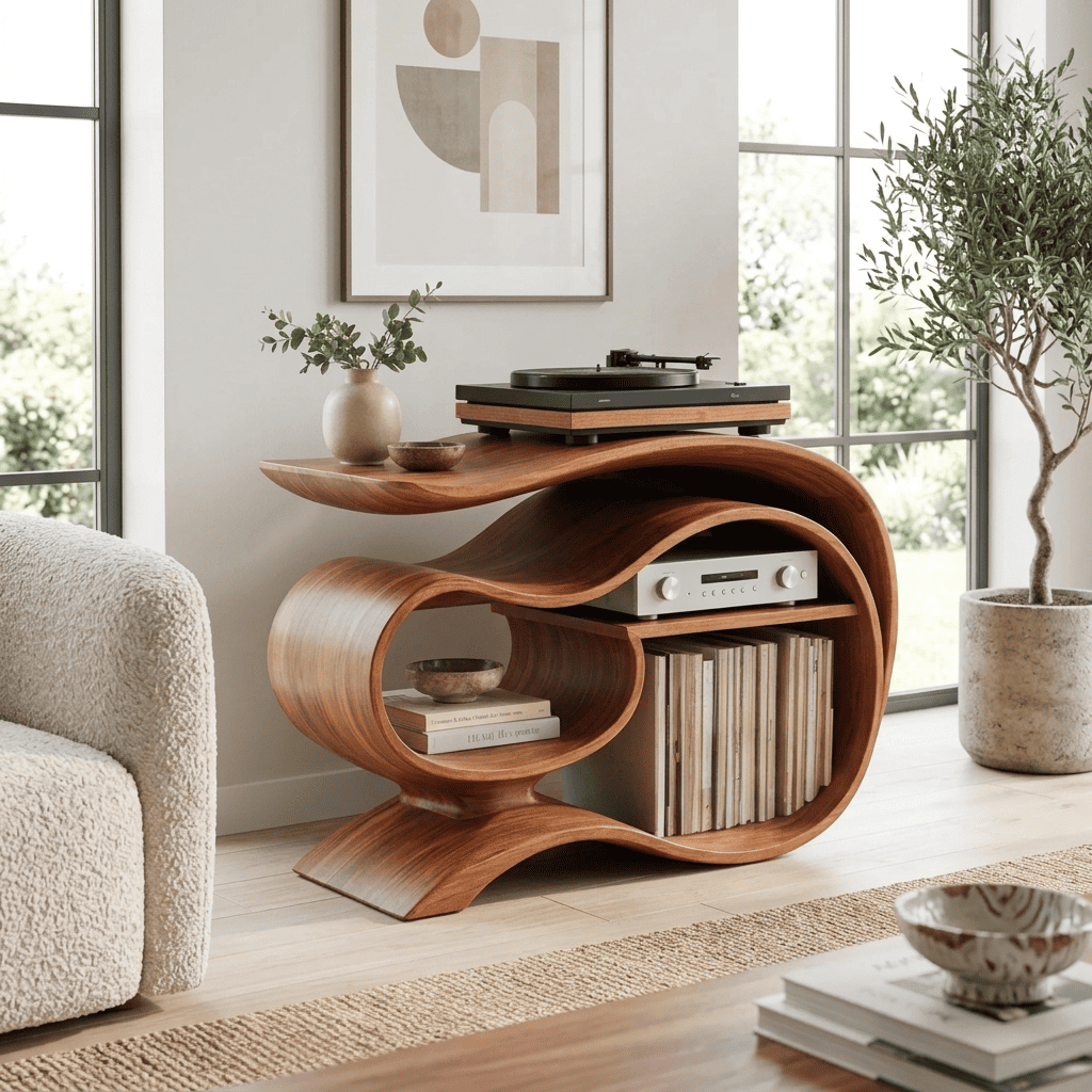 Sculpturaal lint platenspeler meubel van massief hout