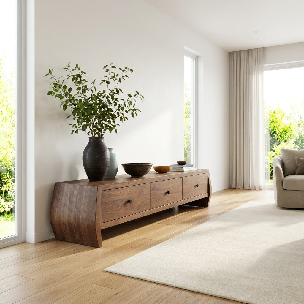 Massief houten laag tv-meubel in een moderne woonkamer