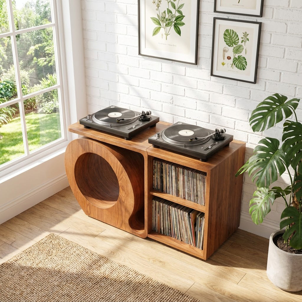 Sculpturale vinyl opbergconsole van massief hout