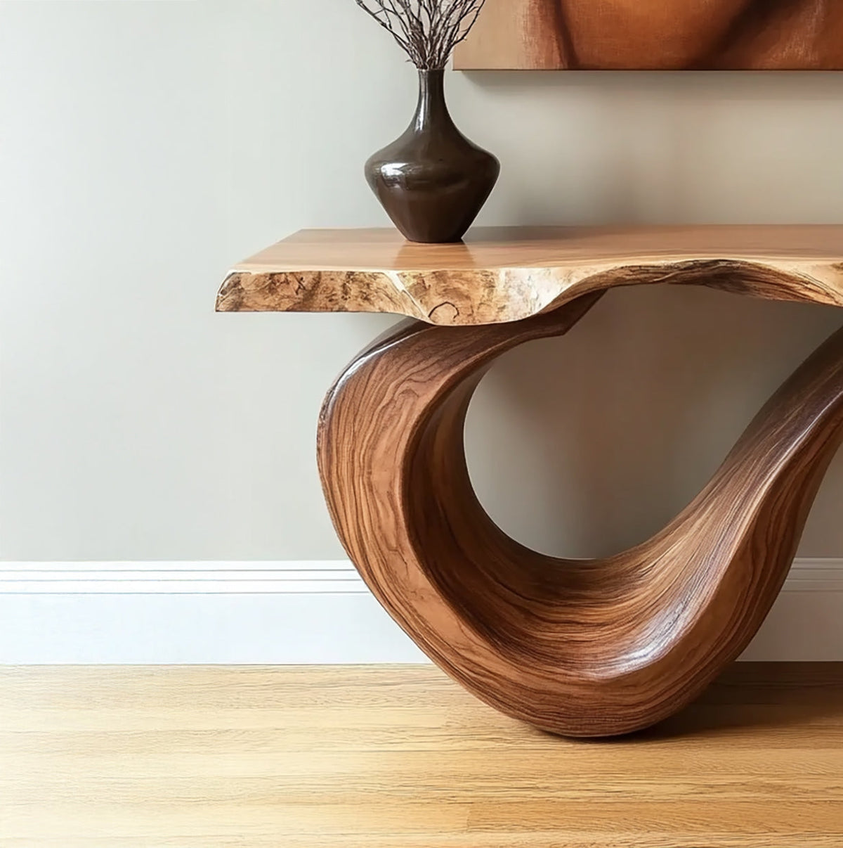 Handgemaakte houten haltafel met natuurlijke boomrand
