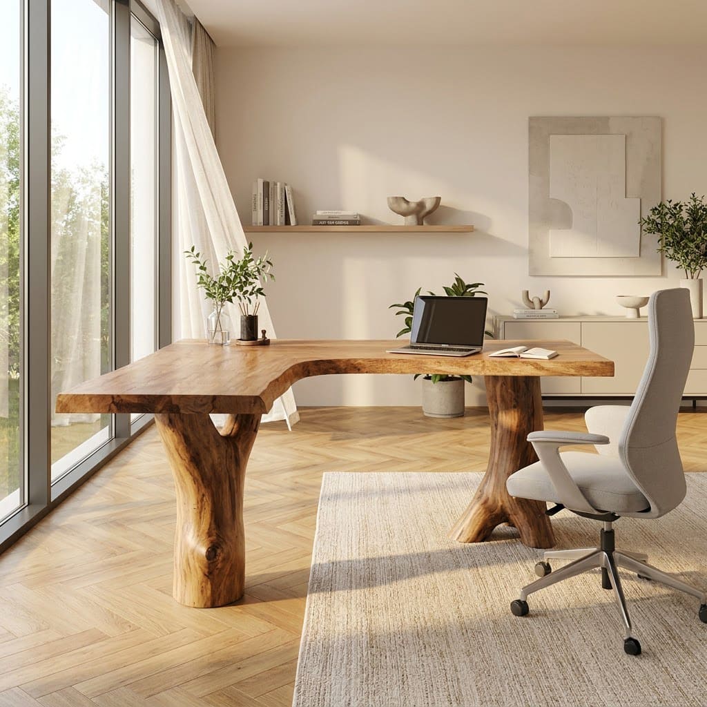 Sculpturaal L-vormig directiebureau van massief hout met boomrand