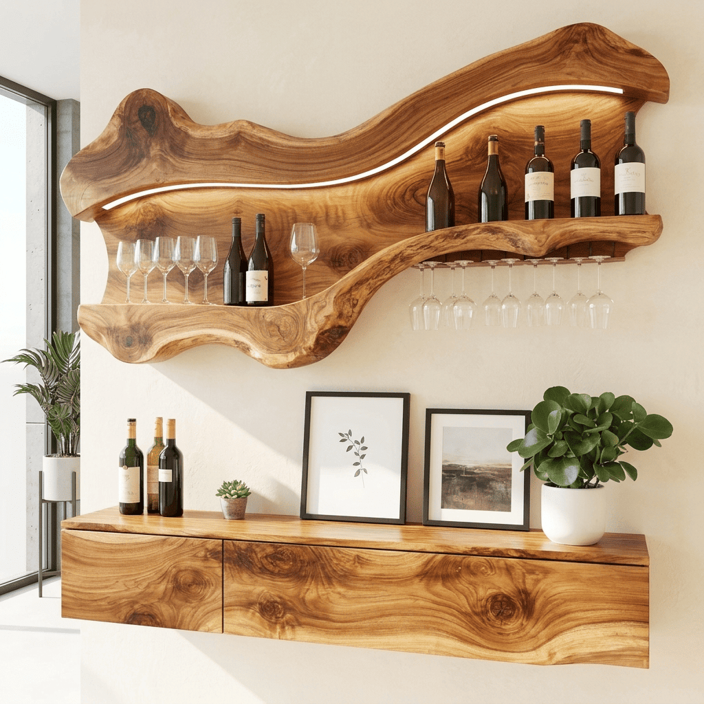 Sculpturaal boomrand wandwijnrek met LED en glazenhouder van massief hout