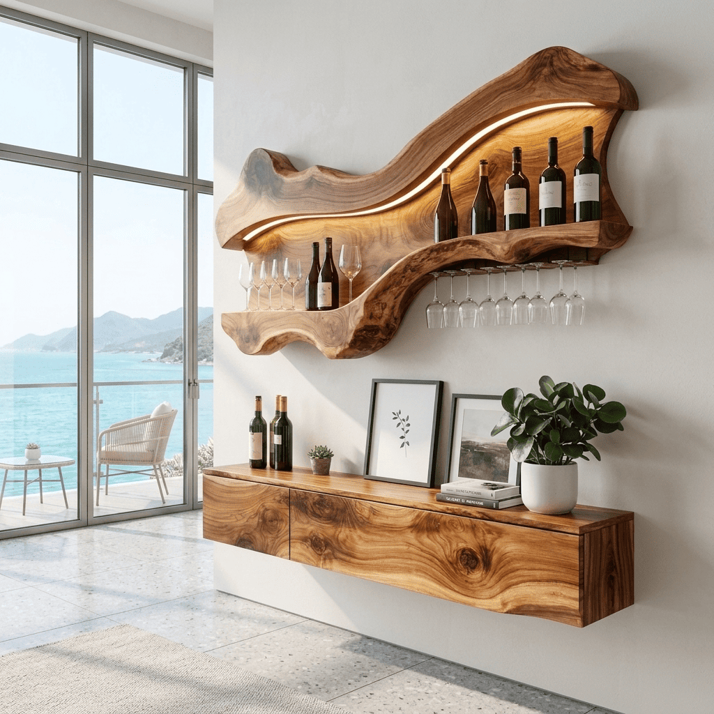 Massief houten boomrand wijnrek met LED-verlichting in moderne eetkamer